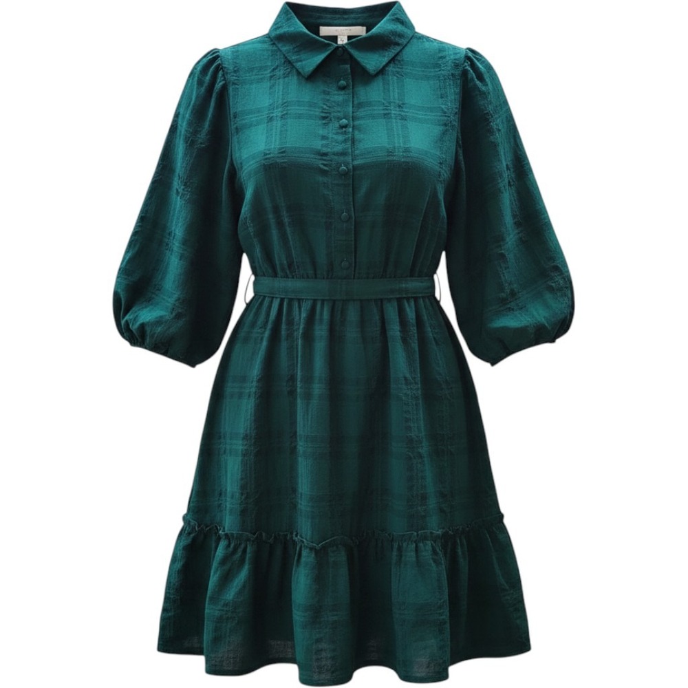 Lauren Conrad Plaid Mini Dress Womens Small Teal Green Excellent Puff Sleeve Twe